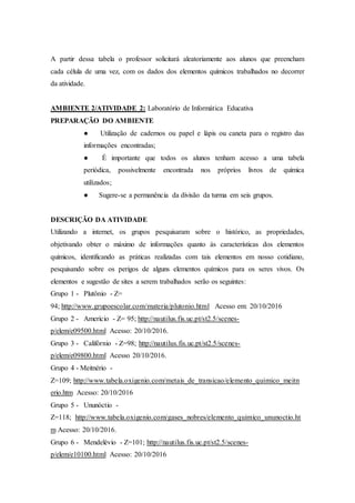 A partir dessa tabela o professor solicitará aleatoriamente aos alunos que preencham
cada célula de uma vez, com os dados dos elementos químicos trabalhados no decorrer
da atividade.
AMBIENTE 2/ATIVIDADE 2: Laboratório de Informática Educativa
PREPARAÇÃO DO AMBIENTE
● Utilização de cadernos ou papel e lápis ou caneta para o registro das
informações encontradas;
● É importante que todos os alunos tenham acesso a uma tabela
periódica, possivelmente encontrada nos próprios livros de química
utilizados;
● Sugere-se a permanência da divisão da turma em seis grupos.
DESCRIÇÃO DA ATIVIDADE
Utilizando a internet, os grupos pesquisaram sobre o histórico, as propriedades,
objetivando obter o máximo de informações quanto às características dos elementos
químicos, identificando as práticas realizadas com tais elementos em nosso cotidiano,
pesquisando sobre os perigos de alguns elementos químicos para os seres vivos. Os
elementos e sugestão de sites a serem trabalhados serão os seguintes:
Grupo 1 - Plutônio - Z=
94; http://www.grupoescolar.com/materia/plutonio.html Acesso em: 20/10/2016
Grupo 2 - Amerício - Z= 95; http://nautilus.fis.uc.pt/st2.5/scenes-
p/elem/e09500.html Acesso: 20/10/2016.
Grupo 3 - Califórnio - Z=98; http://nautilus.fis.uc.pt/st2.5/scenes-
p/elem/e09800.html Acesso 20/10/2016.
Grupo 4 - Meitnério -
Z=109; http://www.tabela.oxigenio.com/metais_de_transicao/elemento_quimico_meitn
erio.htm Acesso: 20/10/2016
Grupo 5 - Ununóctio -
Z=118; http://www.tabela.oxigenio.com/gases_nobres/elemento_quimico_ununoctio.ht
m Acesso: 20/10/2016.
Grupo 6 - Mendelévio - Z=101; http://nautilus.fis.uc.pt/st2.5/scenes-
p/elem/e10100.html Acesso: 20/10/2016
 