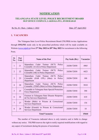 Rc No. 41 / Rect. / Admn-1 / 2022 dated 25th
April 2022 Page 1 of 48
NOTIFICATION
TELANGANA STATE LEVEL POLICE RECRUITMENT BOARD
DGP OFFICE COMPLEX, LAKDI-KA-PUL, HYDERABAD
Rc No. 41 / Rect. / Admn.1 / 2022 Date: 25th
April 2022
1. VACANCIES
The Telangana State Level Police Recruitment Board (TSLPRB) invites Applications
through ONLINE mode only in the prescribed proforma which will be made available on
Website (www.tslprb.in) from 2nd May 2022 to 20th May 2022 for recruitment to the following
Posts.
Sl.
No.
Post
Code
Name of the Post Pay Scale (Rs.) Vacancies
1 21
Stipendiary Cadet Trainee (SCT) Police
Constable (Civil) in Police Department
24280-72850 4965
2 22
Stipendiary Cadet Trainee (SCT) Police
Constable (AR) in Police Department
24280-72850 4423
3 23
Stipendiary Cadet Trainee (SCT) Police
Constable (SAR CPL) (Men) in Police
Department
24280-72850 100
4 24
Stipendiary Cadet Trainee (SCT) Police
Constable (TSSP) (Men) in Police Department
24280-72850 5010
5 25
Constable in Telangana State Special Protection
Force Department 24280-72850 390
6 26
Firemen in Telangana State Disaster Response
& Fire Services Department
24280-72850 610
7 27
Warder (Male) in Prisons & Correctional
Services Department
24280-72850 136
8 28
Warder (Female) in Prisons & Correctional
Services Department
24280-72850 10
Total Vacancies 15644
The number of Vacancies indicated above is only tentative and is liable to change
without any notice. TSLPRB reserves the right to notify required modifications with regard to
any aspect of recruitment during the process of recruitment.
 