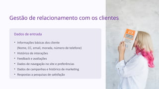Gestão de relacionamento com os clientes
Dados de entrada
• Informações básicas dos cliente
(Nome, CC, email, morada, número de telefone)
• Histórico de interações
• Feedback e avaliações
• Dados de navegação no site e preferências
• Dados de campanhas e histórico de marketing
• Respostas a pesquisas de satisfação
 