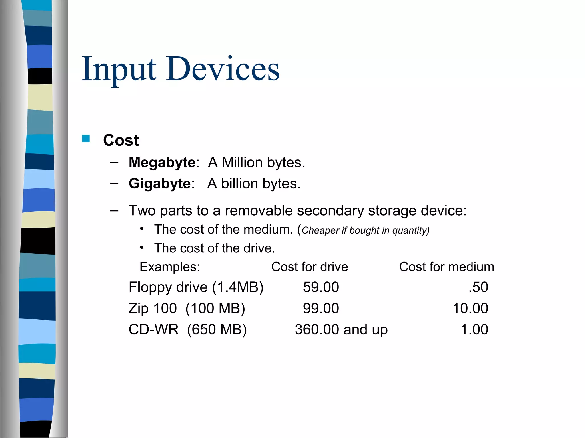 Input Devices
 Cost
– Megabyte: A Million bytes.
– Gigabyte: A billion bytes.
– Two parts to a removable secondary storage device:
• The cost of the medium. (Cheaper if bought in quantity)
• The cost of the drive.
Examples: Cost for drive Cost for medium
Floppy drive (1.4MB) 59.00 .50
Zip 100 (100 MB) 99.00 10.00
CD-WR (650 MB) 360.00 and up 1.00
 