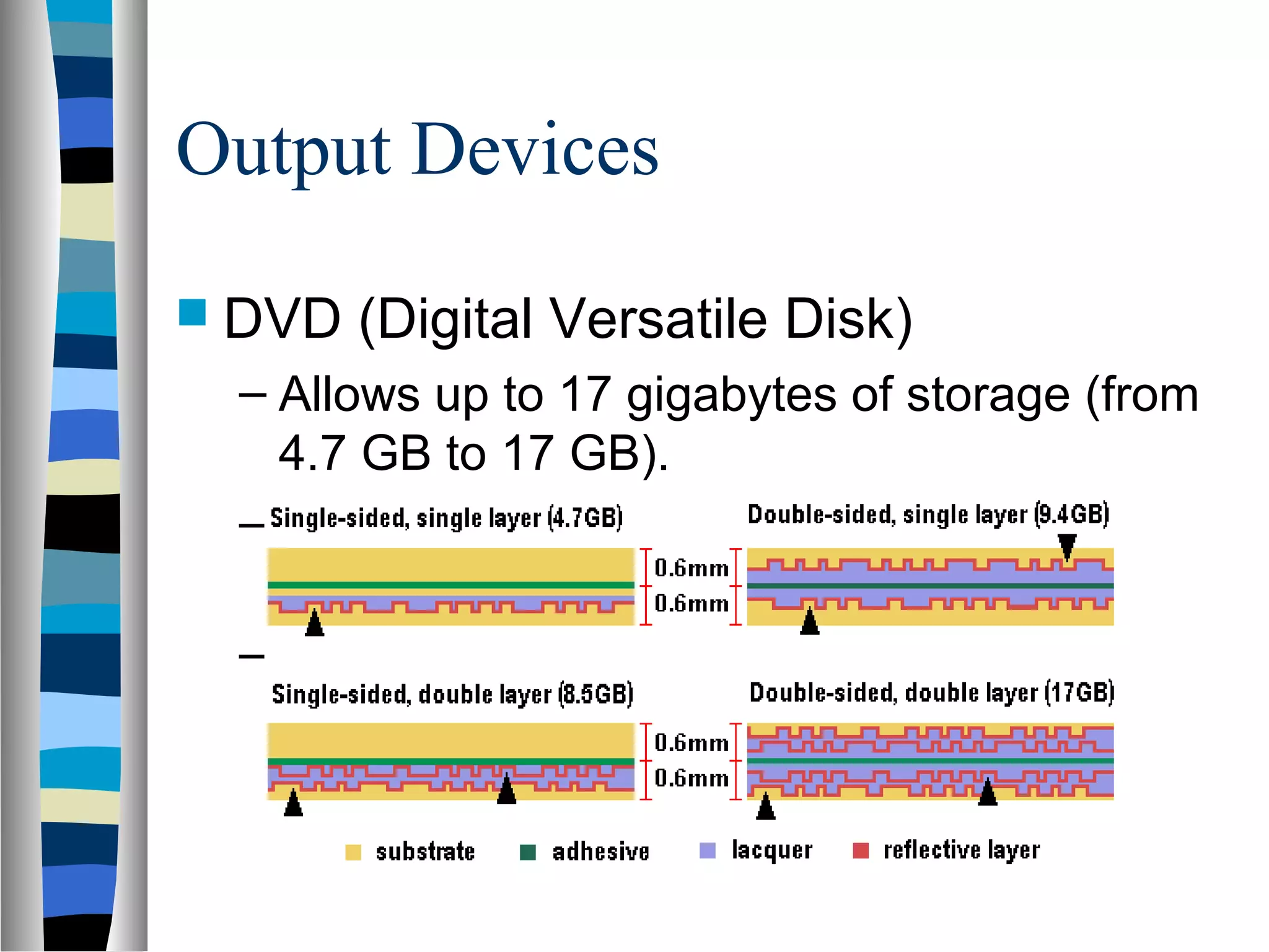 Output Devices
 DVD (Digital Versatile Disk)
– Allows up to 17 gigabytes of storage (from
4.7 GB to 17 GB).
– Compatible with older CD-ROM
technology.
– The four versions of the DVD:
 