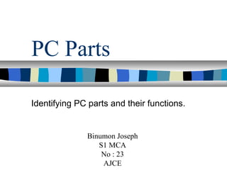 PC Parts
Identifying PC parts and their functions.
Binumon Joseph
S1 MCA
No : 23
AJCE
 