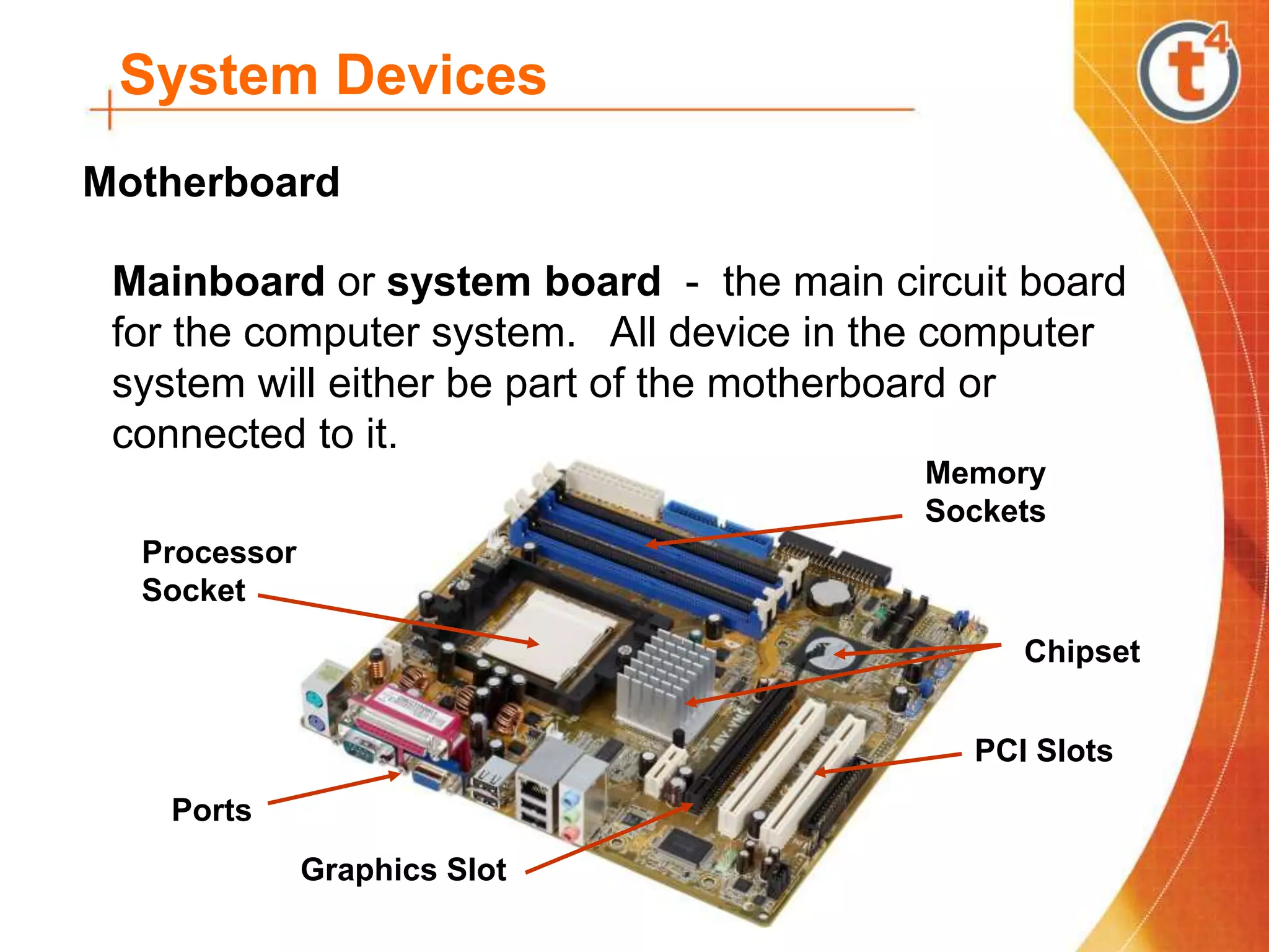 System Devices
Mainboard or system board - the main circuit board
for the computer system. All device in the computer
system will either be part of the motherboard or
connected to it.
Motherboard
Processor
Socket
Memory
Sockets
Ports
PCI Slots
Graphics Slot
Chipset
 