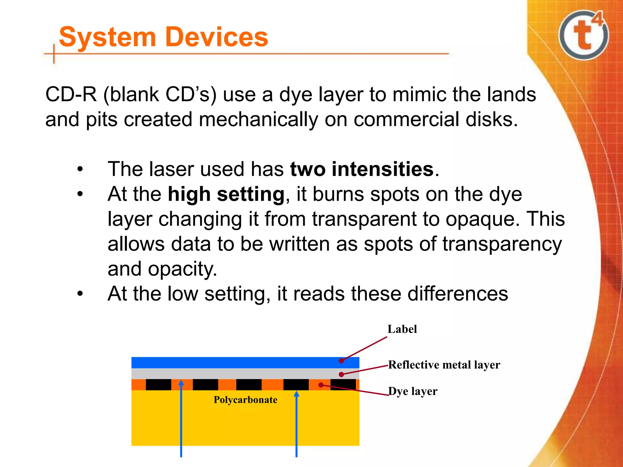 System Devices
CD-R (blank CD’s) use a dye layer to mimic the lands
and pits created mechanically on commercial disks.
• The laser used has two intensities.
• At the high setting, it burns spots on the dye
layer changing it from transparent to opaque. This
allows data to be written as spots of transparency
and opacity.
• At the low setting, it reads these differences
Polycarbonate
Label
Reflective metal layer
Dye layer
 