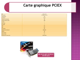 Carte graphique PCIEX
GPU
Bus Standard
Taille Mémoire
Bus Mémoire

GeForce 210
PCI Express x16 2.0
1024
64 bits

Fréquence du GPU (MHz)

589

Fréquence Mémoire (MHz)

1000

Ports DVI

1

Ports D-SUB

1

Ports HDMI

1

HDCP

OUI

HDMI

OUI

Dual-link DVI
Résolution Ecran Maximum

OUI
2560x1600

RAMDACs

400

DirectX Version

10.1

OpenGL Version

3.1

Dimensions de la Carte (mm)

145*84*18mm

MSI N210-MD1GD3H/LP
39.90 euro

 