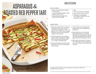 6
U.S. Nutrients per serving: Calories 170, Total Fat 9 g, Saturated Fat 5 g, Cholesterol 60 mg, Sodium 450 mg,
Carbohydrate 14 g, Fiber 1 g, Protein 8 g
YOU’LL NEED
	 ½ 	pkg (17.3 oz or 454 g) frozen puff pastry
(1 sheet), thawed
	 1	jar (7 oz) roasted red bell peppers, drained,
patted dry (¾ cup/175 mL)
	 3	oz (90 g) sharp white cheddar cheese
(about ¾ cup/175 mL grated)
	 2	eggs
	 ¾	 cup (175 mL) part-skim ricotta cheese
	 ½	 tbsp (7 mL) Bell Pepper Herb Rub
	 8 	oz (250 g) thin, fresh asparagus
(26–28 spears), trimmed to 6 (15 cm)
		 Black pepper (optional)
DIRECTIONS
1 Preheat oven to 400°F (200°C). Unfold pastry
onto generously floured Large Grooved
Cutting Board. Using Baker’s Roller®
, roll
pastry into 16 x 12 (40.5 x 30-cm) rectangle.
Fold pastry in half from short end; gently lift
and place in Shallow Baker.
2 Unfold and stretch pastry into and partially
up sides of baker. Using pastry tool of Baker’s
Roller®
, generously prick the pastry. Bake
15–17 minutes or until golden brown.
3 Thinly slice bell peppers. Using Microplane®
Adjustable Coarse Grater, grate cheddar
cheese; set aside.
4 In Small Batter Bowl, whisk eggs. Add
cheddar, ricotta, and rub; whisk gently until
well blended.
5 Remove baker from oven to cooling rack.
Spread ricotta mixture over crust, leaving
edges exposed. Arrange asparagus in two rows
over ricotta, with tips facing out. Top with bell
pepper. Sprinkle with black pepper, if desired.
6 Return baker to oven; bake 10–12 minutes or
until ricotta mixture is set. Remove baker from
oven; cool 10 minutes. Cut into 9 squares and
serve warm.
SERVES 9 →
ASPARAGUS
ROASTEDREDPEPPERTART
© 2016 Pampered Chef used under license. Pampered Chef, Pampered Chef and Spoon design, PC and Spoon design and Spoon design are trademarks used under license. MKT2503-02/16
	 ← back to contents
 