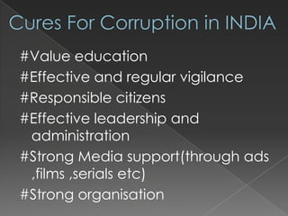 #Value education
#Effective and regular vigilance
#Responsible citizens
#Effective leadership and
 administration
#Strong Media support(through ads
 ,films ,serials etc)
#Strong organisation
 