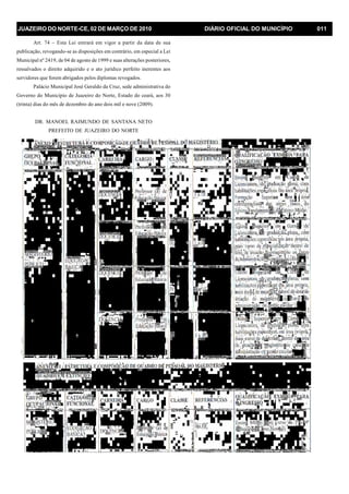 JUAZEIRO DO NORTE-CE, 02 DE MARÇO DE 2010 DIÁRIO OFICIAL DO MUNICÍPIO 011
Art. 74 – Esta Lei entrará em vigor a partir da data de sua
publicação, revogando-se as disposições em contrário, em especial a Lei
Municipal nº 2419, de 04 de agosto de 1999 e suas alterações posteriores,
ressalvados o direito adquirido e o ato jurídico perfeito inerentes aos
servidores que forem abrigados pelos diplomas revogados.
Palácio Municipal José Geraldo da Cruz, sede administrativa do
Governo do Município de Juazeiro do Norte, Estado do ceará, aos 30
(trinta) dias do mês de dezembro do ano dois mil e nove (2009).
DR. MANOEL RAIMUNDO DE SANTANA NETO
PREFEITO DE JUAZEIRO DO NORTE
 