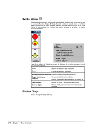 Symbol Library
                               Dibujo de símbolos de una biblioteca se puede cargar. Se abrirá una ventana en la que
                               se recogen diferentes dibujos. El dibujo deseado puede ser cargado como un símbolo
                               seleccionándolo con el botón izquierdo del ratón y pulsar el botón Copiar en la parte
                               inferior de esta ventana. Los símbolos son activos después de la carga y se puede
                               mover de inmediato.




                               Haga clic en la barra de título de la ventana de biblioteca de símbolos accede a un menú
                               que permite lo siguiente:

                                 Mover                           Mover la ventana del Símbolo
                                 Cerrar                          Cierre la ventana Símbolo
                                 Nueva biblioteca de símbolos Crear una nueva biblioteca de símbolos
                                 Cargar biblioteca de            Cargue otra biblioteca de símbolos
                                 símbolos
                                                                 Guardar la biblioteca de símbolos con un nombre de
                                 Guardar biblioteca de           archivo especificado
                                 Insertar objeto
                                 símbolos                        Agregar un dibujo a la biblioteca de símbolos
                                 Eliminar objeto                 Eliminar el dibujo seleccionado de la biblioteca de
                                                                 símbolos


                    Eliminar Dibujo
                               Elimina la carga de dibujo DXF (s).




242 • Chapter 3 - Menu Description
 