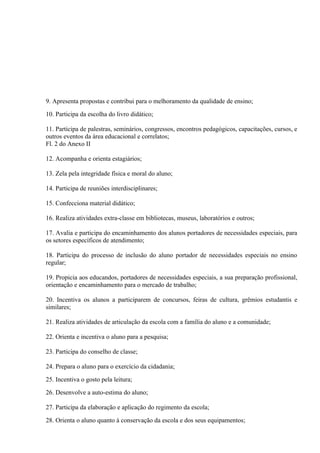 9. Apresenta propostas e contribui para o melhoramento da qualidade de ensino;

10. Participa da escolha do livro didático;

11. Participa de palestras, seminários, congressos, encontros pedagógicos, capacitações, cursos, e
outros eventos da área educacional e correlatos;
Fl. 2 do Anexo II

12. Acompanha e orienta estagiários;

13. Zela pela integridade física e moral do aluno;

14. Participa de reuniões interdisciplinares;

15. Confecciona material didático;

16. Realiza atividades extra-classe em bibliotecas, museus, laboratórios e outros;

17. Avalia e participa do encaminhamento dos alunos portadores de necessidades especiais, para
os setores específicos de atendimento;

18. Participa do processo de inclusão do aluno portador de necessidades especiais no ensino
regular;

19. Propicia aos educandos, portadores de necessidades especiais, a sua preparação profissional,
orientação e encaminhamento para o mercado de trabalho;

20. Incentiva os alunos a participarem de concursos, feiras de cultura, grêmios estudantis e
similares;

21. Realiza atividades de articulação da escola com a família do aluno e a comunidade;

22. Orienta e incentiva o aluno para a pesquisa;

23. Participa do conselho de classe;

24. Prepara o aluno para o exercício da cidadania;

25. Incentiva o gosto pela leitura;

26. Desenvolve a auto-estima do aluno;

27. Participa da elaboração e aplicação do regimento da escola;

28. Orienta o aluno quanto à conservação da escola e dos seus equipamentos;
 