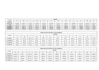 NÍVEIS
  CLASSE
                     A               B              C            D             E             F                 G          H                 I           J       K          L
  CLASSE
 ESPECIAL       1.025,00       1.030,13        1.035,25     1.040,38      1.045,50     1.055,88         1.055,75      1.060,88      1.066,00      1.071,13   1.076,25   1.081,38
 CLASSE I       1.030,02       1.035,17       1.040,32      1.045,47     1.050,62      1.055,77        1.060,92      1.066,07       1.071,22      1.076,37   1.081,52   1.086,67
CLASSSE II      1.045,47       1.050,70       1.055,93      1.061,15     1.066,38      1.071,61        1.076,83      1.082,06       1.087,29      1.092,52   1.097,74   1.102,97
CLASSE III      1.061,15       1.066,46       1.071,76      1.077,07     1.082,38      1.087,68        1.092,99      1.098,29       1.103,60      1.108,90   1.114,21   1.119,52
CLASSE IV       1.077,07       1.082,45       1.087,84      1.093,23     1.098,61      1.104,00        1.109,38      1.114,77       1.120,15      1.125,54   1.130,92   1.136,31


                                                                       ESPECIALISTA EM EDUCAÇÃO 30 HORAS
                                                                                                   NÍVEIS
  CLASSE
                      A               B             C            D          E            F                  G             H             I           J           K           L
 CLASSE I           772,52          776,38      780,24      784,10        787,97      791,83           795,69         799,55        803,42       807,28       811,14      815,00
CLASSSE II          784,10          788,02      791,94      795,86        799,78      803,71           807,63         811,55        815,47       819,39       823,31      827,23
CLASSE III          795,86          799,84      803,82      807,80        811,78      815,76           819,74         823,72        827,70       831,68       835,66      839,64
 CLASSE IV          807,80          811,84      815,88      819,92        823,96      828,00           832,04         836,08        840,11       844,15       848,19      852,23


                                                                       ESPECIALISTA EM EDUCAÇÃO 40 HORAS
                                                                                                  NÍVEIS
 CLASSE
                A               B               C            D             E            F                  G          H             I              J            K           L
CLASSE I     1.030,02        1.035,17        1.040,32     1.045,47      1.050,62     1.055,77        1.060,92      1.066,07      1.071,22       1.076,37     1.081,52    1.086,67
CLASSSE II   1.045,47        1.050,70        1.055,93     1.061,15      1.066,38     1.071,61        1.076,83      1.082,06      1.087,29       1.092,52     1.097,74    1.102,97
CLASSE III   1.061,15        1.066,46        1.071,76     1.077,07      1.082,38     1.087,68        1.092,99      1.098,29      1.103,60       1.108,90     1.114,21    1.119,52
CLASSE IV    1.077,07        1.082,45        1.087,84     1.093,23      1.098,61     1.104,00        1.109,38      1.114,77      1.120,15       1.125,54     1.130,92    1.136,31
 
