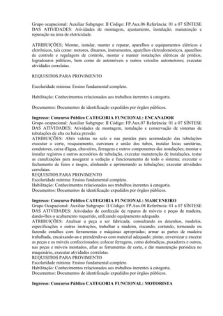 Grupo ocupacional: Auxiliar Subgrupo: II Código: FP.Aux.06 Referência: 01 a 07 SÍNTESE
DAS ATIVIDADES: Atividades de montagem, ajustamento, instalação, manutenção e
reparação na área de eletricidade.
ATRIBUIÇÕES; Montar, instalar, manter e reparar, aparelhos e equipamentos elétricos e
eletrônicos, tais como: motores, dínamos, instrumentos, aparelhos eletrodomésticos, aparelhos
de controle e regulagem de controle, montar e manter instalações elétricas de prédios,
logradouros públicos, bem como de automóveis e outros veículos automotores; executar
atividades correlatas.
REQUISITOS PARA PROVIMENTO
Escolaridade mínima: Ensino fundamental completo.
Habilitação: Conhecimentos relacionados aos trabalhos inerentes à categoria.
Documentos: Documentos de identificação expedidos por órgãos públicos.
Ingresso: Concurso Público CATEGORIA FUNCIONAL: ENCANADOR
Grupo ocupacional: Auxiliar Subgrupo: II Código: FP.Aux.07 Referência: 01 a 07 SÍNTESE
DAS ATIVIDADES: Atividades de montagem, instalação e conservação de sistemas de
tubulações de alta ou baixa pressão.
ATRIBUIÇÕES: Abrir valetas no solo e nas paredes para acomodação das tubulações
executar o corte, rosqueamento, curvatura e união dos tubos, instalar locas sanitárias,
condutores, caixa d'água, chuveiros, ferragens e outros componentes das instalações; montar e
instalar registros e outros acessórios de tubulação, executar manutenção de instalações, testar
as canalizações para assegurar a vedação e funcionamento de todo o sistema; executar o
fechamento de furos e rasgos, alinhando e aprimorando as tubulações; executar atividades
correlatas.
REQUISITOS PARA PROVIMENTO
Escolaridade mínima: Ensino fundamental completo.
Habilitação: Conhecimentos relacionados aos trabalhos inerentes à categoria.
Documentos: Documentos de identificação expedidos por órgãos públicos.
Ingresso: Concurso Público CATEGORIA FUNCIONAL: MARCENEIRO
Grupo Ocupacional: Auxiliar Subgrupo: II Código: FP.Aux.08 Referência: 01 a 07 SÍNTESE
DAS ATIVIDADES: Atividades de confecção de reparos de móveis e peças de madeira,
dando-lhes o acabamento requerido, utilizando equipamento adequado.
ATRIBUIÇÕES: Analisar a peça a ser fabricada, consultando os desenhos, modelos,
especificações e outras instruções, trabalhar a madeira, riscando, cortando, torneando ou
fazendo entalhes com ferramentas e máquinas apropriadas; armar as partes de madeira
trabalhada, encaixando-as e prendendo-as com material adequado; pintar, envernizar e encerar
as peças e os móveis confeccionados; colocar ferragens, como dobradiças, puxadores e outros,
nas peças e móveis montados, afiar as ferramentas de corte, e dar manutenção periódica no
maquinário, executar atividades correlatas.
REQUISITOS PARA PROVIMENTO
Escolaridade mínima: Ensino fundamental completo.
Habilitação: Conhecimentos relacionados aos trabalhos inerentes à categoria.
Documentos: Documentos de identificação expedidos por órgãos públicos.
Ingresso: Concurso Público CATEGORIA FUNCIONAL: MOTORISTA
 