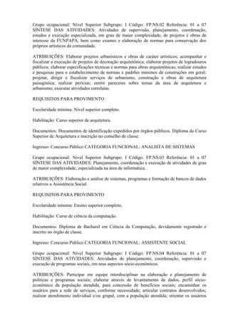 Grupo ocupacional: Nível Superior Subgrupo: I Código: FP.NS.02 Referência: 01 a 07
SÍNTESE DAS ATIVIDADES: Atividades de supervisão, planejamento, coordenação,
estudos e execução especializada, em grau de maior complexidade, de projetos e obras de
interesse da FUNPAPA, bem como exames e elaboração de normas para conservação dos
próprios artísticos da comunidade.
ATRIBUIÇÕES: Elaborar projetos urbanísticos e obras de caráter artísticos; acompanhar e
fiscalizar a execução de projetos de decoração arquitetônica; elaborar projetos de logradouros
públicos; elaborar especificações técnicas e normas para obras arquitetônicas; realizar estudos
e pesquisas para o estabelecimento de normas e padrões mínimos de construções em geral;
projetar, dirigir e fiscalizar serviços de urbanismo, construção e obras de arquitetura
paisagística; realizar perícias; emitir pareceres sobre temas da área de arquitetura e
urbanismo; executar atividades correlatas.
REQUISITOS PARA PROVIMENTO
Escolaridade mínima: Nível superior completo.
Habilitação: Curso superior de arquitetura.
Documentos: Documentos de identificação expedidos por órgãos públicos. Diploma do Curso
Superior de Arquitetura e inscrição no conselho de classe.
Ingresso: Concurso Público CATEGORIA FUNCIONAL: ANALISTA DE SISTEMAS
Grupo ocupacional: Nível Superior Subgrupo: I Código: FP.NS.03 Referência: 01 a 07
SÍNTESE DAS ATIVIDADES: Planejamento, coordenação e execução de atividades de grau
de maior complexidade, especializada na área de informática.
ATRIBUIÇÕES: Elaboração e análise de sistemas, programas e formação de bancos de dados
relativos a Assistência Social.
REQUISITOS PARA PROVIMENTO
Escolaridade mínima: Ensino superior completo.
Habilitação: Curso de ciência da computação.
Documentos: Diploma de Bacharel em Ciência da Computação, devidamente registrado e
inscrito no órgão de classe.
Ingresso: Concurso Público CATEGORIA FUNCIONAL: ASSISTENTE SOCIAL
Grupo ocupacional: Nível Superior Subgrupo: I Código: FP.NS.04 Referência: 01 a 07
SÍNTESE DAS ATIVIDADES: Atividades de planejamento, coordenação, supervisão e
execução de programas sociais, em seus aspectos sócio-econômicos.
ATRIBUIÇÕES: Participar em equipe interdisciplinar na elaboração e planejamento de
políticas e programas sociais; elaborar através de levantamento de dados, perfil sócio-
econômico da população atendida, para concessão de benefícios sociais; encaminhar os
usuários para a rede de serviços, conforme necessidade; articular contratos desenvolvidos;
realizar atendimento individual e/ou grupal, com a população atendida; orientar os usuários
 