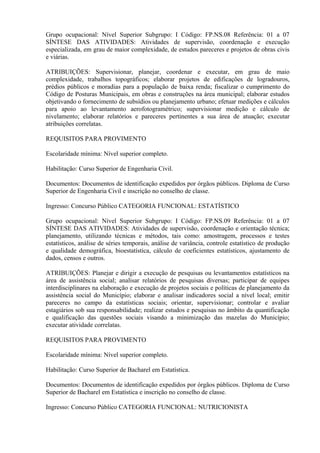 Grupo ocupacional: Nível Superior Subgrupo: I Código: FP.NS.08 Referência: 01 a 07
SÍNTESE DAS ATIVIDADES: Atividades de supervisão, coordenação e execução
especializada, em grau de maior complexidade, de estudos pareceres e projetos de obras civis
e viárias.
ATRIBUIÇÕES: Supervisionar, planejar, coordenar e executar, em grau de maio
complexidade, trabalhos topográficos; elaborar projetos de edificações de logradouros,
prédios públicos e moradias para a população de baixa renda; fiscalizar o cumprimento do
Código de Posturas Municipais, em obras e construções na área municipal; elaborar estudos
objetivando o fornecimento de subsídios ou planejamento urbano; efetuar medições e cálculos
para apoio ao levantamento aerofotogramétrico; supervisionar medição e cálculo de
nivelamento; elaborar relatórios e pareceres pertinentes a sua área de atuação; executar
atribuições correlatas.
REQUISITOS PARA PROVIMENTO
Escolaridade mínima: Nível superior completo.
Habilitação: Curso Superior de Engenharia Civil.
Documentos: Documentos de identificação expedidos por órgãos públicos. Diploma de Curso
Superior de Engenharia Civil e inscrição no conselho de classe.
Ingresso: Concurso Público CATEGORIA FUNCIONAL: ESTATÍSTICO
Grupo ocupacional: Nível Superior Subgrupo: I Código: FP.NS.09 Referência: 01 a 07
SÍNTESE DAS ATIVIDADES: Atividades de supervisão, coordenação e orientação técnica;
planejamento, utilizando técnicas e métodos, tais como: amostragem, processos e testes
estatísticos, análise de séries temporais, análise de variância, controle estatístico de produção
e qualidade demográfica, bioestatística, cálculo de coeficientes estatísticos, ajustamento de
dados, censos e outros.
ATRIBUIÇÕES: Planejar e dirigir a execução de pesquisas ou levantamentos estatísticos na
área de assistência social; analisar relatórios de pesquisas diversas; participar de equipes
interdisciplinares na elaboração e execução de projetos sociais e políticas de planejamento da
assistência social do Município; elaborar e analisar indicadores social a nível local; emitir
pareceres no campo da estatísticas sociais; orientar, supervisionar; controlar e avaliar
estagiários sob sua responsabilidade; realizar estudos e pesquisas no âmbito da quantificação
e qualificação das questões sociais visando a minimização das mazelas do Município;
executar atividade correlatas.
REQUISITOS PARA PROVIMENTO
Escolaridade mínima: Nível superior completo.
Habilitação: Curso Superior de Bacharel em Estatística.
Documentos: Documentos de identificação expedidos por órgãos públicos. Diploma de Curso
Superior de Bacharel em Estatística e inscrição no conselho de classe.
Ingresso: Concurso Público CATEGORIA FUNCIONAL: NUTRICIONISTA
 