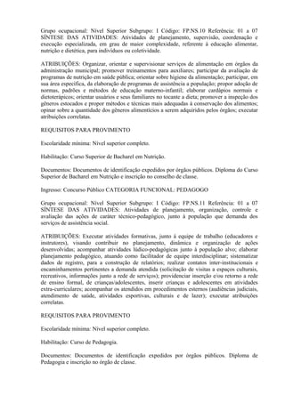 Grupo ocupacional: Nível Superior Subgrupo: I Código: FP.NS.10 Referência: 01 a 07
SÍNTESE DAS ATIVIDADES: Atividades de planejamento, supervisão, coordenação e
execução especializada, em grau de maior complexidade, referente à educação alimentar,
nutrição e dietética, para indivíduos ou coletividade.
ATRIBUIÇÕES: Organizar, orientar e supervisionar serviços de alimentação em órgãos da
administração municipal; promover treinamentos para auxiliares; participar da avaliação de
programas de nutrição em saúde pública; orientar sobre higiene da alimentação; participar, em
sua área específica, da elaboração de programas de assistência a população; propor adoção de
normas, padrões e métodos de educação materno-infantil; elaborar cardápios normais e
dietoterápicos; orientar usuários e seus familiares no tocante a dieta; promover a inspeção dos
gêneros estocados e propor métodos e técnicas mais adequadas à conservação dos alimentos;
opinar sobre a quantidade dos gêneros alimentícios a serem adquiridos pelos órgãos; executar
atribuições correlatas.
REQUISITOS PARA PROVIMENTO
Escolaridade mínima: Nível superior completo.
Habilitação: Curso Superior de Bacharel em Nutrição.
Documentos: Documentos de identificação expedidos por órgãos públicos. Diploma do Curso
Superior de Bacharel em Nutrição e inscrição no conselho de classe.
Ingresso: Concurso Público CATEGORIA FUNCIONAL: PEDAGOGO
Grupo ocupacional: Nível Superior Subgrupo: I Código: FP.NS.11 Referência: 01 a 07
SÍNTESE DAS ATIVIDADES: Atividades de planejamento, organização, controle e
avaliação das ações de caráter técnico-pedagógico, junto à população que demanda dos
serviços de assistência social.
ATRIBUIÇÕES: Executar atividades formativas, junto á equipe de trabalho (educadores e
instrutores), visando contribuir no planejamento, dinâmica e organização de ações
desenvolvidas; acompanhar atividades lúdico-pedagógicas junto à população alvo; elaborar
planejamento pedagógico, atuando como facilitador de equipe interdisciplinar; sistematizar
dados de registro, para a construção de relatórios; realizar contatos inter-institucionais e
encaminhamentos pertinentes a demanda atendida (solicitação de visitas a espaços culturais,
recreativos, informações junto a rede de serviços); providenciar inserção e/ou retorno a rede
de ensino formal, de crianças/adolescentes, inserir crianças e adolescentes em atividades
extra-curriculares; acompanhar os atendidos em procedimentos esternos (audiências judiciais,
atendimento de saúde, atividades esportivas, culturais e de lazer); executar atribuições
correlatas.
REQUISITOS PARA PROVIMENTO
Escolaridade mínima: Nível superior completo.
Habilitação: Curso de Pedagogia.
Documentos: Documentos de identificação expedidos por órgãos públicos. Diploma de
Pedagogia e inscrição no órgão de classe.
 