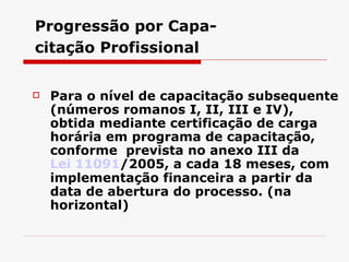 Progressão por Capa- citação Profissional   Para o nível de capacitação subsequente (números romanos I, II, III e IV), obtida mediante certificação de carga horária em programa de capacitação, conforme  prevista no anexo III da  Lei 11091 /2005, a cada 18 meses, com implementação financeira a partir da data de abertura do processo. (na horizontal) 