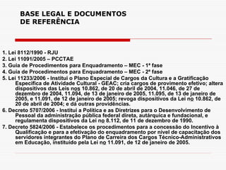 BASE LEGAL E DOCUMENTOS DE REFERÊNCIA 1. L ei 8112/1990 - RJU 2. Lei 11091/2005 – PCCTAE 3. Guia de Procedimentos para Enquadramento – MEC - 1ª fase 4. Guia de Procedimentos para Enquadramento – MEC - 2ª fase 5. Lei 11233/2006 - Institui o Plano Especial de Cargos da Cultura e a Gratificação Específica de Atividade Cultural - GEAC; cria cargos de provimento efetivo; altera dispositivos das Leis n os  10.862, de 20 de abril de 2004, 11.046, de 27 de dezembro de 2004, 11.094, de 13 de janeiro de 2005, 11.095, de 13 de janeiro de 2005, e 11.091, de 12 de janeiro de 2005; revoga dispositivos da Lei n o  10.862, de 20 de abril de 2004; e dá outras providências. 6. Decreto 5707/2006 - Institui a Política e as Diretrizes para o Desenvolvimento de Pessoal da administração pública federal direta, autárquica e fundacional, e regulamenta dispositivos da Lei n o  8.112, de 11 de dezembro de 1990. 7. Decreto 5824/2006 - Estabelece os procedimentos para a concessão do Incentivo à Qualificação e para a efetivação do enquadramento por nível de capacitação dos servidores integrantes do Plano de Carreira dos Cargos Técnico-Administrativos em Educação, instituído pela Lei n o  11.091, de 12 de janeiro de 2005. 
