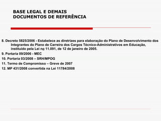 BASE LEGAL E DEMAIS DOCUMENTOS DE REFERÊNCIA 8. Decreto 5825/2006 - Estabelece as diretrizes para elaboração do Plano de Desenvolvimento dos Integrantes do Plano de Carreira dos Cargos Técnico-Administrativos em Educação, instituído pela Lei n o  11.091, de 12 de janeiro de 2005. 9. Portaria 09/2006 - MEC 10. Portaria 03/2008 – SRH/MPOG 11. Termo de Compromisso – Greve de 2007  12. MP 431/2008 convertida na Lei 11784/2008 