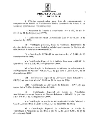 GOVERNODESERGIPE
PROJETO DE LEI
DE DEDE 2014
5
§ 1º.Serão considerados, para fins de enquadramento e
composição da Tabela de Vencimento Básico constantes do Anexo II, os
seguintes componentes remuneratórios:
I – Adicional do Triênio e Terço (arts. 167 a 169, da Lei nº
2.148, de 21 de dezembro de 1977);
II – Adicional de Nível Universitário (Lei nº 2.548, de 18 de
setembro de 1985);
III - Vantagens pessoais, fixas ou variáveis, decorrentes de
decisões judiciais, exceto as decisões judiciais provenientes de direitos não
relacionados à remuneração do servidor;
IV - Gratificação CONASP de que trata a Lei nº 3.048, de 30
de setembro de 1991;
V - Gratificação Especial de Atividade Funcional – GEAF, de
que trata a Lei nº 5.279, de 28 de janeiro de 2004;
VI - Gratificação de Estímulo às Atividades de Administração
de Pagamento de Pessoal – GREAPAG, de que trata a Lei nº 5.734, de 21
de outubro de 2005;
VII - Gratificação Especial de Atividade Sócio Educativa –
GEASE, de que trata a Lei nº 5.890, de 26 de maio de 2006;
VIII - Gratificação de Atividade de Trânsito – GAT, de que
trata a Lei nº 7.176, de 06 de julho de 2011;
IX - Gratificação Especial de Apoio às Atividades
Administrativas ou de Suporte ao Sistema Prisional – GRASP, de que trata
a Lei nº 6.643, de 30 de junho de 2009;
X - Gratificação de Apoio às Atividades de Perícia Criminal –
GAPEC, de que trata a Lei nº 6.856, de 21 de dezembro de 2009;
XI - Gratificação Especial de Atividades de Apoio de
Tecnologia e Pesquisas, de que trata o art. 40-A da Lei nº 5.511, de 28 de
dezembro de 2004;
 