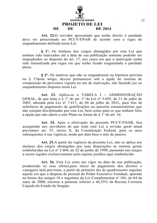 GOVERNO DE SERGIPE
PROJETO DE LEI
DE DE DE 2014
13
Art. 22.O servidor aposentado que tenha direito à paridade
deve ser posicionado no PCCV/ENAR de acordo com a regra de
enquadramento definida nesta Lei.
§ 1º. Os titulares dos cargos abrangidos por esta Lei que
tenham sido inativados até a data de sua publicação somente poderão ser
enquadrados no disposto do art. 17, nos casos em que a inativação tenha
sido formalizada por regra em que tenha ficado resguardada a paridade
plena.
§ 2º. Os inativos que não se enquadrarem na hipótese prevista
no § 1ºdeste artigo, devem permanecer sob a égide do sistema de
composição de proventos vigente no ato de inativação, não fazendo jus ao
enquadramento disposto nesta Lei.
Art. 23. Aplica-se a TABELA I – ADMINISTRAÇÃO
GERAL, de que trata o § 1º do art. 1º da Lei nº 5.695, de 11 de julho de
2005, alterada pela Lei nº 7.417, de 04 de julho de 2012, para fins de
referência de pagamento de gratificações ou parcelas remuneratórias que
não estejam disciplinadas por esta Lei, bem como para os que tenham feito
a opção por não aderir a este Plano na forma do § 1º do art. 16.
Art. 24. Após a efetivação do presente PCCV/ENAR, fica
assegurado aos servidores de que trata esta Lei a revisão geral anual
previstano art. 37, inciso X, da Constituição Federal, para os anos
subsequentes à sua vigência, tendo por data base o mês de janeiro.
Art. 25.A partir da vigência da presente Lei, não se aplica aos
titulares dos cargos abrangidos por suas disposições as normas gerais
estabelecidas na Lei nº 2.804, de 22 de junho de 1990, passando tais cargos
a serem regidos exclusivamente pelo regime jurídico aqui estabelecido.
Art. 26. Esta Lei entra em vigor na data da sua publicação,
produzindo os seus efeitos,para início de pagamento dos direitos e
vantagens nela previstos, a partir do primeiro dia do quadrimestre seguinte
aquele em que a despesa de pessoal do Poder Executivo Estadual, apurada
na forma dos artigos 18 e seguintes da Lei Complementar nº 101, de 04 de
maio de 2000, retornar a patamar inferior a 46,55% da Receita Corrente
Líquida do Estado de Sergipe.
 
