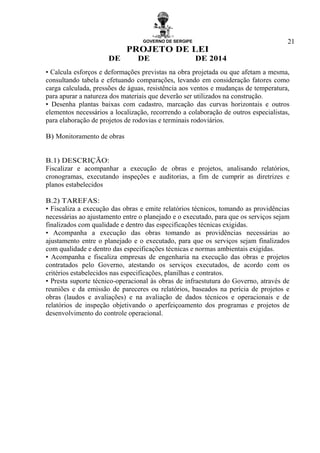 GOVERNO DE SERGIPE
PROJETO DE LEI
DE DE DE 2014
21
• Calcula esforços e deformações previstas na obra projetada ou que afetam a mesma,
consultando tabela e efetuando comparações, levando em consideração fatores como
carga calculada, pressões de águas, resistência aos ventos e mudanças de temperatura,
para apurar a natureza dos materiais que deverão ser utilizados na construção.
• Desenha plantas baixas com cadastro, marcação das curvas horizontais e outros
elementos necessários a localização, recorrendo a colaboração de outros especialistas,
para elaboração de projetos de rodovias e terminais rodoviários.
B) Monitoramento de obras
B.1) DESCRIÇÃO:
Fiscalizar e acompanhar a execução de obras e projetos, analisando relatórios,
cronogramas, executando inspeções e auditorias, a fim de cumprir as diretrizes e
planos estabelecidos
B.2) TAREFAS:
• Fiscaliza a execução das obras e emite relatórios técnicos, tomando as providências
necessárias ao ajustamento entre o planejado e o executado, para que os serviços sejam
finalizados com qualidade e dentro das especificações técnicas exigidas.
• Acompanha a execução das obras tomando as providências necessárias ao
ajustamento entre o planejado e o executado, para que os serviços sejam finalizados
com qualidade e dentro das especificações técnicas e normas ambientais exigidas.
• Acompanha e fiscaliza empresas de engenharia na execução das obras e projetos
contratados pelo Governo, atestando os serviços executados, de acordo com os
critérios estabelecidos nas especificações, planilhas e contratos.
• Presta suporte técnico-operacional às obras de infraestutura do Governo, através de
reuniões e da emissão de pareceres ou relatórios, baseados na perícia de projetos e
obras (laudos e avaliações) e na avaliação de dados técnicos e operacionais e de
relatórios de inspeção objetivando o aperfeiçoamento dos programas e projetos de
desenvolvimento do controle operacional.
 