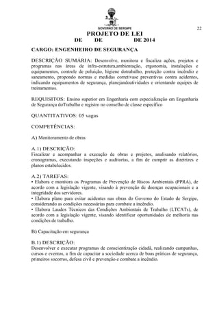 GOVERNO DE SERGIPE
PROJETO DE LEI
DE DE DE 2014
22
CARGO: ENGENHEIRO DE SEGURANÇA
DESCRIÇÃO SUMÁRIA: Desenvolve, monitora e fiscaliza ações, projetos e
programas nas áreas de infra-estrutura,ambientação, ergonomia, instalações e
equipamentos, controle de poluição, higiene dotrabalho, proteção contra incêndio e
saneamento, propondo normas e medidas corretivase preventivas contra acidentes,
indicando equipamentos de segurança, planejandoatividades e orientando equipes de
treinamentos.
REQUISITOS: Ensino superior em Engenharia com especialização em Engenharia
de Segurança doTrabalho e registro no conselho de classe específico
QUANTITATIVOS: 05 vagas
COMPETÊNCIAS:
A) Monitoramento de obras
A.1) DESCRIÇÃO:
Fiscalizar e acompanhar a execução de obras e projetos, analisando relatórios,
cronogramas, executando inspeções e auditorias, a fim de cumprir as diretrizes e
planos estabelecidos.
A.2) TAREFAS:
• Elabora e monitora os Programas de Prevenção de Riscos Ambientais (PPRA), de
acordo com a legislação vigente, visando à prevenção de doenças ocupacionais e a
integridade dos servidores.
• Elabora plano para evitar acidentes nas obras do Governo do Estado de Sergipe,
considerando as condições necessárias para combate a incêndio.
• Elabora Laudos Técnicos das Condições Ambientais de Trabalho (LTCATs), de
acordo com a legislação vigente, visando identificar oportunidades de melhoria nas
condições de trabalho.
B) Capacitação em segurança
B.1) DESCRIÇÃO:
Desenvolver e executar programas de conscientização cidadã, realizando campanhas,
cursos e eventos, a fim de capacitar a sociedade acerca de boas práticas de segurança,
primeiros socorros, defesa civil e prevenção e combate a incêndio.
 