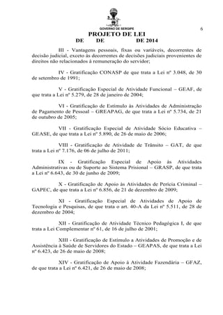 GOVERNO DE SERGIPE
PROJETO DE LEI
DE DE DE 2014
6
III - Vantagens pessoais, fixas ou variáveis, decorrentes de
decisão judicial, exceto às decorrentes de decisões judiciais provenientes de
direitos não relacionados à remuneração do servidor;
IV - Gratificação CONASP de que trata a Lei nº 3.048, de 30
de setembro de 1991;
V - Gratificação Especial de Atividade Funcional – GEAF, de
que trata a Lei nº 5.279, de 28 de janeiro de 2004;
VI - Gratificação de Estímulo às Atividades de Administração
de Pagamento de Pessoal – GREAPAG, de que trata a Lei nº 5.734, de 21
de outubro de 2005;
VII - Gratificação Especial de Atividade Sócio Educativa –
GEASE, de que trata a Lei nº 5.890, de 26 de maio de 2006;
VIII - Gratificação de Atividade de Trânsito – GAT, de que
trata a Lei nº 7.176, de 06 de julho de 2011;
IX - Gratificação Especial de Apoio às Atividades
Administrativas ou de Suporte ao Sistema Prisional – GRASP, de que trata
a Lei nº 6.643, de 30 de junho de 2009;
X - Gratificação de Apoio às Atividades de Perícia Criminal –
GAPEC, de que trata a Lei nº 6.856, de 21 de dezembro de 2009;
XI - Gratificação Especial de Atividades de Apoio de
Tecnologia e Pesquisas, de que trata o art. 40-A da Lei nº 5.511, de 28 de
dezembro de 2004;
XII - Gratificação de Atividade Técnico Pedagógica I, de que
trata a Lei Complementar nº 61, de 16 de julho de 2001;
XIII - Gratificação de Estímulo a Atividades de Promoção e de
Assistência à Saúde de Servidores do Estado – GEAPAS, de que trata a Lei
nº 6.423, de 26 de maio de 2008;
XIV - Gratificação de Apoio à Atividade Fazendária – GFAZ,
de que trata a Lei nº 6.421, de 26 de maio de 2008;
 