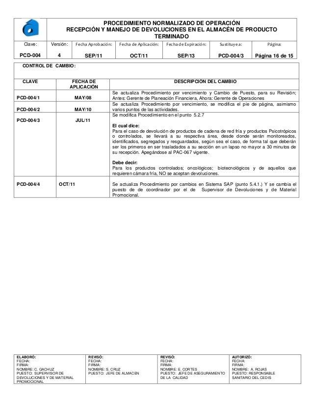 Pcd 004 recepción y manejo de devoluciones en el almacén de producto