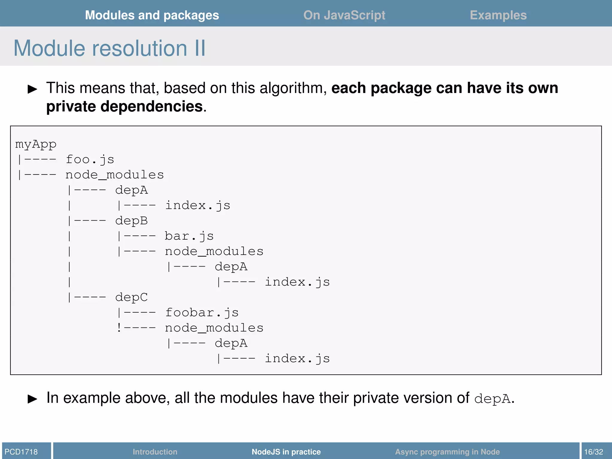 Modules and packages On JavaScript Examples
Module resolution II
This means that, based on this algorithm, each package can have its own
private dependencies.
myApp
|---- foo.js
|---- node_modules
|---- depA
| |---- index.js
|---- depB
| |---- bar.js
| |---- node_modules
| |---- depA
| |---- index.js
|---- depC
|---- foobar.js
!---- node_modules
|---- depA
|---- index.js
In example above, all the modules have their private version of depA.
PCD1718 Introduction NodeJS in practice Async programming in Node 16/32
 