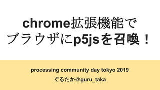 chrome拡張機能で
ブラウザにp5jsを召喚！
processing community day tokyo 2019
ぐるたか＠guru_taka
 