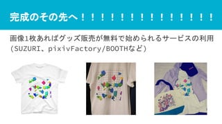 画像1枚あればグッズ販売が無料で始められるサービスの利用
(SUZURI、pixivFactory/BOOTHなど)
完成のその先へ！！！！！！！！！！！！！！
 