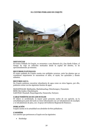 EL CENTRO POBLADO DE COQUÍN




DISTANCIAS
El Centro Poblado de Coquín, se encuentra a una distancia de 5 km desde Colpas, el
tiempo de viaje en vehículos motizados desde la capital del distrito, es de
aproximadamente 30 minutos.

RECURSOS NATURALES
El centro poblado de Coquín cuenta con múltiples recursos, entre las plantas que se
consideran importantes se encuentran el aliso, el rayán, los quinuales y demás
arbustos.

RECURSO AGUA
En Coquín podemos encontrar abundancia de agua como en otros lugares, por ello,
podemos contar con las siguientes fuentes de agua:

MANANTIALES: Matibamba, Machahuachag, Chinchuragra y Yanaututo
RIOS: Rio Linda y Choclohuayín
LAGUNAS: Huamali, Huaychagcocha, Yanacocha, Yariyacu

CARACTERÍSTICAS DE LOS SUELOS
El relieve es accidentado, la mayor parte presenta suelos de uso agrícola, en la
actualidad gran parte del suelo se viene reforestando con 127 mil plantones de eucalipto
y 10 mil plantones de pino, con el apoyo del Gobierno Regional de Huánuco.

POBLACIÓN
Coquín cuenta en la actualidad con alrededor de 800 pobladores.

CASERÍOS
Los caseríos que pertenecen a Coquín son las siguientes:

      Huishelgo


                                          30
 