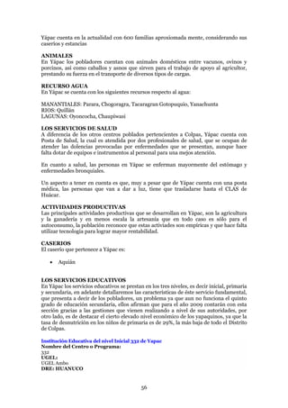 Yápac cuenta en la actualidad con 600 familias aproxiomada mente, considerando sus
caseríos y estancias

ANIMALES
En Yápac los pobladores cuentan con animales domésticos entre vacunos, ovinos y
porcinos, así como caballos y asnos que sirven para el trabajo de apoyo al agricultor,
prestando su fuerza en el transporte de diversos tipos de cargas.

RECURSO AGUA
En Yápac se cuenta con los siguientes recursos respecto al agua:

MANANTIALES: Parara, Chogoragra, Tacaragran Gotopuquio, Yanachunta
RIOS: Quillán
LAGUNAS: Oyoncocha, Chaupiwasi

LOS SERVICIOS DE SALUD
A diferencia de los otros centros poblados pertencientes a Colpas, Yápac cuenta con
Posta de Salud, la cual es atendida por dos profesionales de salud, que se ocupan de
atender las dolencias provocadas por enfermedades que se presentan, aunque hace
falta dotar de equipos e instrumentos al personal para una mejos atención.

En cuanto a salud, las personas en Yápac se enferman mayormente del estómago y
enfermedades bronquiales.

Un aspecto a tener en cuenta es que, muy a pesar que de Yápac cuenta con una posta
médica, las personas que van a dar a luz, tiene que trasladarse hasta el CLAS de
Huácar.

ACTIVIDADES PRODUCTIVAS
Las principales actividades productivas que se desarrollan en Yápac, son la agricultura
y la ganadería y en menos escala la artesanía que en todo caso es sólo para el
autoconsumo, la población reconoce que estas activiades son empíricas y que hace falta
utilizar tecnología para lograr mayor rentabilidad.

CASERIOS
El caserío que pertenece a Yápac es:

      Aquián


LOS SERVICIOS EDUCATIVOS
En Yápac los servicios educativos se prestan en los tres niveles, es decir inicial, primaria
y secundaria, en adelante detallaremos las características de éste servicio fundamental,
que presenta a decir de los pobladores, un problema ya que aun no funciona el quinto
grado de educación secundaria, ellos afirman que para el año 2009 contarán con esta
sección gracias a las gestiones que vienen realizando a nivel de sus autoridades, por
otro lado, es de destacar el cierto elevado nivel económico de los yapaquinos, ya que la
tasa de desnutrición en los niños de primaria es de 29%, la más baja de todo el Distrito
de Colpas.

Institución Educativa del nivel Inicial 332 de Yapac
Nombre del Centro o Programa:
332
UGEL:
UGEL Ambo
DRE: HUANUCO


                                            56
 