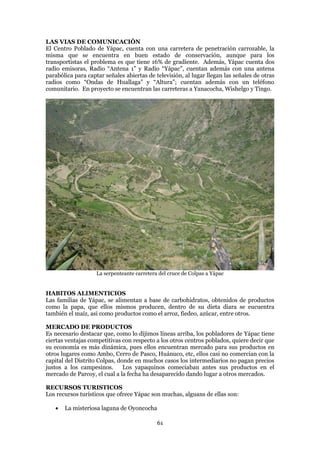 LAS VIAS DE COMUNICACIÓN
El Centro Poblado de Yápac, cuenta con una carretera de penetración carrozable, la
misma que se encuentra en buen estado de conservación, aunque para los
transportistas el problema es que tiene 16% de gradiente. Además, Yápac cuenta dos
radio emisoras, Radio “Antena 1” y Radio “Yápac”, cuentan además con una antena
parabólica para captar señales abiertas de televisión, al lugar llegan las señales de otras
radios como “Ondas de Huallaga” y “Altura”; cuentan además con un teléfono
comunitario. En proyecto se encuentran las carreteras a Yanacocha, Wishelgo y Tingo.




                    La serpenteante carretera del cruce de Colpas a Yápac


HABITOS ALIMENTICIOS
Las familias de Yápac, se alimentan a base de carbohidratos, obtenidos de productos
como la papa, que ellos mismos producen, dentro de su dieta diara se eucuentra
también el maíz, asi como productos como el arroz, fiedeo, azúcar, entre otros.

MERCADO DE PRODUCTOS
Es necesario destacar que, como lo dijimos líneas arriba, los pobladores de Yápac tiene
ciertas ventajas competitivas con respecto a los otros centros poblados, quiere decir que
su economía es más dinámica, pues ellos encuentran mercado para sus productos en
otros lugares como Ambo, Cerro de Pasco, Huánuco, etc, ellos casi no comercian con la
capital del Distrito Colpas, donde en muchos casos los intermediarios no pagan precios
justos a los campesinos.       Los yapaquinos comeciaban antes sus productos en el
mercado de Parcoy, el cual a la fecha ha desaparecido dando lugar a otros mercados.

RECURSOS TURISTICOS
Los recursos turísticos que ofrece Yápac son muchas, alguans de ellas son:

      La misteriosa laguna de Oyoncocha

                                             61
 