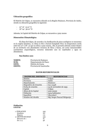 Ubicación geográfica

El Distrito de Colpas, se encuentra ubicado en la Región Huánuco, Provincia de Ambo,
siendo su ubicación geográfica la siguiente:

   -   10° 16´ 12.01” S
   -   76° 24´ 36.01” O

Además, la Capital del Distrito de Colpas, se encuentra a 3291 msnm

Dimensión Climatológica

        El clima de Colpas, de acuerdo a la clasificación de pisos ecológicos se encuentra
en la región Quechua, su clima es frío o boreal (templado frío), la temperatura oscila
entre los 12° a 18°, ya que se ubica a 3291 msnm., ello, le permite además contar dentro
de su territorio con abundantes recursos de flora y fauna, así como inmumerables
yacimientos arqueológicos, recursos minerales aun no explotados y agua en
abundancia.

       Sus límites son:

NORTE:                Provincia de Huánuco
SUR:                  Departamento de Pasco
ESTE:                 Distrito de Cayna
OESTE:                Provincia de Lauricocha


                             DATOS REFERENCIALES

              DATOS DEL DISTRITO                       REFERENCIAS
             Distrito                           Colpas
             Provincia                          Ambo
             Departamento                       Huánuco
             Dispositivo de Creación            Ley 12448
             Fecha de creación                  24 de noviembre de 1955
             Capital                            Colpas
             Altura de la Capital               3291 msnm
             Población                          3424 habitantes
             Superficie                         183,21km².
             Nombre del Alcalde                 Mg. Sergio Pascual Melgarejo



Población
COLPAS

  1. POBLACION                        339
     Hombres                          167
     Mujeres                          172
  2. GRUPOS DE EDAD                   339
     Menores de 1                     16
     De 1 a 4                         48

                                            9
 