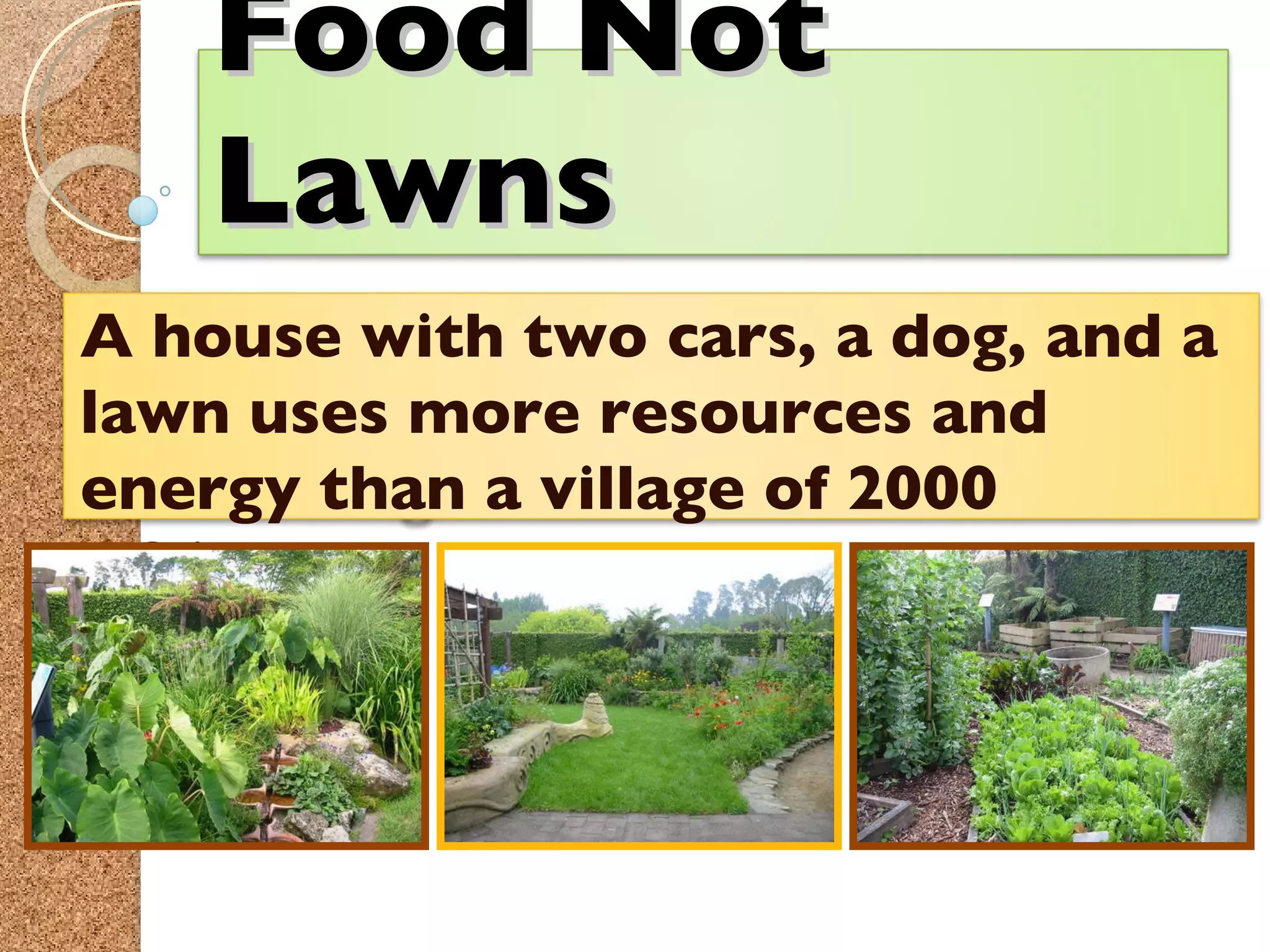 Food Not Lawns A house with two cars, a dog, and a lawn uses more resources and energy than a village of 2000 Africans. 