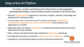 State-of-the-Art Platform
To collect, analyze and disseminate information on demographics,
genotype/phenotype, natural history, health outcomes and clinical care.
• Phased (“building block”) approach as resources, insights, network, technology and
healthcare/IT standards evolve
• Interoperable, open-standards-based foundation to ensure collaboration,
transferability, integration and secure communication across systems and
applications as needed
• Organized system to collect uniform data to evaluate specified outcomes based on
observational study methods
• Store, retrieve and disseminate data collected on identifiable individuals
• Leverage best-practices to maximize validity and representativeness of data
• Capitalize on functionality/insights to serve as clinician training tool
 