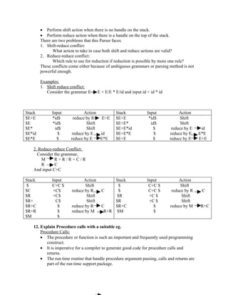 • Perform shift action when there is no handle on the stack.
        • Perform reduce action when there is a handle on the top of the stack.
        There are two problems that this Parser faces.
        1. Shift-reduce conflict:
              What action to take in case both shift and reduce actions are valid?
        2. Reduce-reduce conflict:
              Which rule to use for reduction if reduction is possible by more one rule?
        These conflicts come either because of ambiguous grammars or parsing method is not
        powerful enough.

        Examples:
        1. Shift reduce conflict:
           Consider the grammar E       E + E/E * E/id and input id + id * id



Stack         Input             Action            Stack             Input            Action
$E+E          *id$        reduce by E   E+E       $E+E               *id$             Shift
$E            *id$               Shift            $E+E*               id$             Shift
$E*             id$              Shift            $E+E*id               $        reduce by E    id
$E*id             $      reduce by E   id         $E+E*E                $       reduce by E    E*E
$E*E             $      reduce by E    E*E        $E+E                 $        reduce by E    E+E

   2. Reduce-reduce Conflict:
     Consider the grammar,
       M      R+R/R+C/R
       R      C
   And input C+C

Stack         Input           Action           Stack                Input            Action
 $            C+C $            Shift             $                   C+C $            Shift
$C             +C$      reduce by R       C      $                   C+C $       reduce by R    C
$R             +C$              Shift           $R                   +C $             Shift
$R+             C$              Shift          $R                    +C $             Shift
$R+C             $      reduce by R       C    $R+C                    $        reduce by M    R+C
$R+R             $      reduce by M        R+R $M                      $
$M               $

   12. Explain Procedure calls with a suitable eg.
       Procedure Calls:
       • The procedure or function is such an important and frequently used programming
          construct.
       • It is imperative for a compiler to generate good code for procedure calls and
          returns.
       • The run time routine that handle procedure argument passing, calls and returns are
          part of the run time support package.
 
