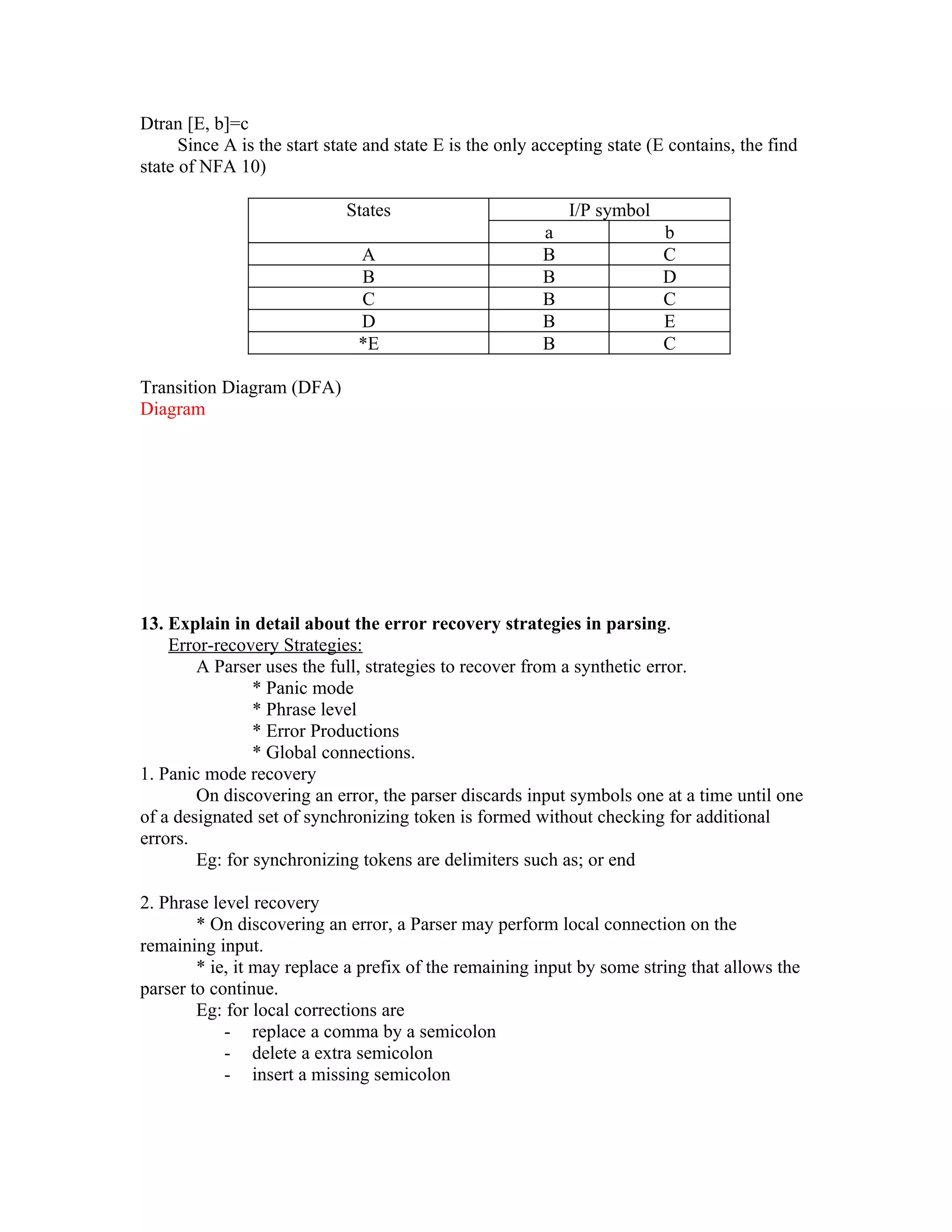 Dtran [E, b]=c
      Since A is the start state and state E is the only accepting state (E contains, the find
state of NFA 10)

                             States                          I/P symbol
                                                         a                b
                               A                         B                C
                               B                         B                D
                               C                         B                C
                               D                         B                E
                               *E                        B                C

Transition Diagram (DFA)
Diagram




13. Explain in detail about the error recovery strategies in parsing.
    Error-recovery Strategies:
        A Parser uses the full, strategies to recover from a synthetic error.
                * Panic mode
                * Phrase level
                * Error Productions
                * Global connections.
1. Panic mode recovery
        On discovering an error, the parser discards input symbols one at a time until one
of a designated set of synchronizing token is formed without checking for additional
errors.
        Eg: for synchronizing tokens are delimiters such as; or end

2. Phrase level recovery
        * On discovering an error, a Parser may perform local connection on the
remaining input.
        * ie, it may replace a prefix of the remaining input by some string that allows the
parser to continue.
        Eg: for local corrections are
            - replace a comma by a semicolon
            - delete a extra semicolon
            - insert a missing semicolon
 