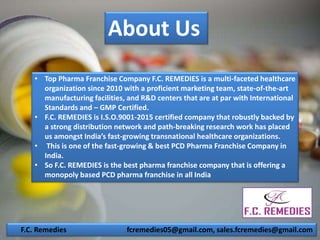 About Us
• Top Pharma Franchise Company F.C. REMEDIES is a multi-faceted healthcare
organization since 2010 with a profici...