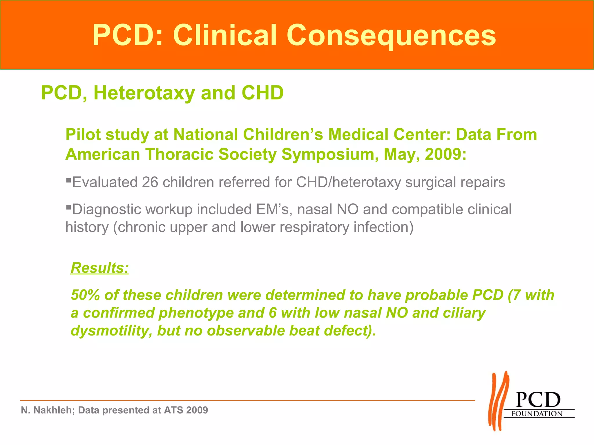 PCD: Clinical Consequences
    PCD, Heterotaxy and CHD

         Pilot study at National Children’s Medical Center: Data From
         American Thoracic Society Symposium, May, 2009:
         Evaluated 26 children referred for CHD/heterotaxy surgical repairs
         Diagnostic workup included EM’s, nasal NO and compatible clinical
         history (chronic upper and lower respiratory infection)

          Results:
          50% of these children were determined to have probable PCD (7 with
          a confirmed phenotype and 6 with low nasal NO and ciliary
          dysmotility, but no observable beat defect).




N. Nakhleh; Data presented at ATS 2009
 