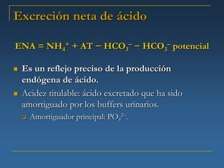 Excreción neta de ácido

ENA = NH4+ + AT − HCO3– − HCO3– potencial

   Es un reflejo preciso de la producción
    endógena de ácido.
   Acidez titulable: ácido excretado que ha sido
    amortiguado por los buffers urinarios.
       Amortiguador principal: PO42–.
 