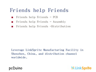 Friends help Friends





Friends help Friends - PCB
Friends help Friends - Assembly
Friends help Friends -Distribution

Leverage LinkSprite Manufacturing Facility in
Shenzhen, China, and distribution channel
worldwide.

 