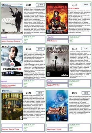 2 dvd2 dvd1 dvd2 dvd1 dvd1 dvd211521162118212021142121Bienvenido a la más realista virutalnuh caza! Comunicar, de licitación y competir en línea - la primera en la historia de ohotnichey juego, que incluye los torneos! Los jugadores y aficionados a la caza de sumergirse en el prestigioso mundo de caza para los más exóticos y populares botín de los animales. Virtual de los cazadores ahora pueden probar los distintos modos, como la adrenalina o el sigilo, o participar en la estrategia, como la construcción de las gradas a la pista y zastrelivat sus objetivos. Torneo de ciervos Hunter proporciona numerosos niveles de juego, que también incluyen misiones de exploración destinadas a estudiar los mapas y los hábitos de los animales, los hábitos. Los cazadores también pueden competir en torneos abiertosEl juego, que presenta a un Bond aún más letal y astutamente eficiente, combina la acción intensa en primera persona con un sistema de combat. único en tercera persona que permitirá a los jugadores experimentar lo que se siente estando en el pellejo de un auténtico agente secreto, sirviéndose de su sigilo, puntería y habilidades de combate para llevara buen término todas las misiones. Quantum of Solace integra perfectamente la acción palpitante y frenética de la próxima película. El juego sumerge a los jugadores en una aventura cinematográfica de espionaje internacional. Inspirado en el mismo sistema de juego de Call of Duty4 y adaptado para introducir completamente a los jugadores en el universo de James Bond, Quantum of Solace cuenta congráficos de alta definición, IA reactiva y entornos alucinantes inspirados en los escenarios de las películasse enfoca en las batallas finales de la Segunda Guerra Mundial en el Pacífico y Europa occidental involucrando a los Estados Unidos, el Imperio de Japón, la Unión Soviética, y la Alemania Nazi.[2] Está contado desde las perspectivasde un Marine Raider y un soldado del Ejército Rojo, y está basado en varias batallas históricas, incluyendo la incursión a la isla Makin, la batalla de Stalingrado, la batalla de Peleliu, y la batalla deBerlín.[1] [12] La porción multijugador del juego contiene varios modos de juego, y contiene un sistema de niveles que permite al jugador desbloquear armas y recompensas adicionales mientras progresan, el cualfue implementado en Call of Duty 4: Modern Warfare. Una nueva característica a la saga Call of Duty es el modo cooperativo, que soporta hasta cuatro jugadores en línea y dos desconectados.Efectos de Dynasty Warriors 6 se desarrolla en el siglo III en el territorio de la antigua China. Los jugadores sabrán apreciar verdaderamente el cine de acción y un rico conjunto de estilos de las artes orientales que son accesibles caracteres. Amigos de la anterior serie héroes recibido nuevas armas y poseía las técnicas de lucha contra sin precedentes. Para recrear los movimientos de los luchadores digitalizados desarrolladores moción mejores Masters de Asia lucha contra la mano. Ahora los jugadores será capaz de aplicar molnienosnye combinación de las huelgas y los más increíbles trucos.EXCELENTE RTSEl juego ocurre en un universo paralelo en el cual la Segunda Guerra Mundial nunca pasó y la Unión Soviética y el Imperio del Sol Naciente se elevaron, en cambio, como una amenaza en los años 50. Las tres facciones son jugables, involucrando el modo de juego construir una base, recolectar recursos y entrenar ejércitos de tierra, aire y mar para derrotar a otros jugadores. Cada facción tiene una campaña completa cooperativa, Las campañas siguen una historia, con objetivos específicos en las misiones y restricciones en las unidades. algunos citan a los componentes cooperativos y multijugadores como fuertes junto con el mejorado rol del combate naval comparado a otros juegos de estrategia en tiempo real. Para todos los amantes del fútbol en todos los sentidos, un juego como FIFA Manager 09 para PC puede ser de su agrado, ya que combina todas las facetas y aspectos que envuelven el mundo del balompié. En nuestro blog de videojuegos nos metemos por unas horas en el campo de fútbol para dirigir, entrenar y fichar, … con este juego. El anteriormente llamado Total Club Manager ha obtenido la licencia FIFA, que ya sabemos que en esto del fútbol la licencia es clave (y si no que se lo pregunten a PES o a FIFA, con su eterna lucha por los derechos y licencias), y ha pasado a llamarse FIFA Manager.Sin duda, FIFA Manager 09 para PC es uno de los mejores juegos de gestión de fútbol que hay en la actualidad en el mercado, con el respeto de Sports Interactive y del mítico PC Fútbol, que tanto resultado ha dado en la historiaWin 98, ME, XP, VISTAPII, PIII, PIV o equivPROCES RAMVIDEOWin 98, ME, XP, VISTAPII, PIII, PIV o equivPROCES RAMVIDEOWin 98, ME, XP, VISTAPII, PIII, PIV o equivPROCES RAMVIDEOWin 98, ME, XP, VISTAPII, PIII, PIV o equivPROCES RAMVIDEOWin 98, ME, XP, VISTAPII, PIII, PIV o equivPROCES RAMVIDEOWin 98, ME, XP, VISTAPII, PIII, PIV o equivPROCES RAMVIDEOEspañolEspañolEspañolEspañolRTS / ModernoAcción / Aventura / ModernaDeportes / Estrategia / AdministracionAcción / RPG / ScfiDeportes / Cacería / PescaBeat-Em'up / PELEAS