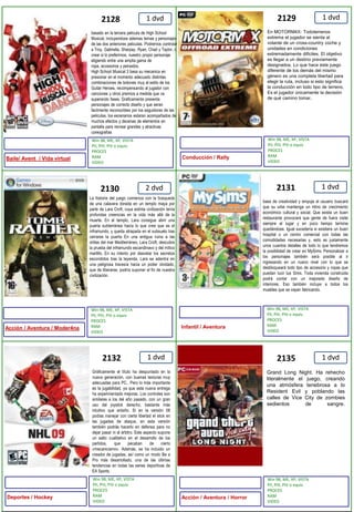 1 dvd1 dvd2 dvd1 dvd1 dvd1 dvd212821292130213121322135La historia del juego comienza con la búsqueda de una calavera dorada en un templo maya por parte de Lara Croft, cuya extinta civilización tenía profundas creencias en la vida más allá de la muerte. En el templo, Lara consigue abrir una puerta subterránea hacia lo que cree que es el inframundo, y queda atrapada en el subsuelo tras cerrarse la puerta En una antigua ruina a las orillas del mar Mediterráneo, Lara Croft, descubre la prueba del inframundo escandinavo y del mítico martillo. En su intento por desvelar los secretos escondidos tras la leyenda, Lara se adentra en una peligrosa travesía hacia un poder olvidado, que de liberarse, podría suponer el fin de nuestra civilización.basado en la tercera pelicula de High School Musical, incluyendose ademas temas y personajes de las dos anteriores peliculas. Podremos controlar a Troy, Gabriella, Sharpay, Ryan, Chad y Taylor, o crear si lo preferimos, nuestro propio personaje eligiendo entre una amplia gama de ropa, accesorios y peinados.High School Musical 3 basa su mecanica en presionar en el momento adecuado distintas combinaciones de botones muy al estilo de los Guitar Heroes, recompensando al jugador con canciones y otros premios a medida que va superando fases. Graficamente presenta personajes de correcto diseño y que seran facilmente reconocibles por los seguidores de las peliculas, los escenarios estaran acompañados de muchos efectos y decenas de elementos en pantalla para recrear grandes y atractivas coreografiasEn MOTORM4X: Todoterrenos extrema el jugador se sienta al volante de un cross-country coche y unidades en condiciones extremadamente difíciles. El objetivo es llegar a un destino previamente designados. Lo que hace este juego diferente de los demás del mismo género es una completa libertad para elegir la ruta, incluso si esto significa la conducción en todo tipo de terreno. Es el jugador únicamente la decisión de qué camino tomar.Gráficamente el título ha despuntado en la nueva generación, con buenas texturas muy adecuadas para PC.. Pero lo más importante es la jugabilidad, ya que esta nueva entrega ha experimentado mejoras. Los controles son similares a los del año pasado, con un gran uso del joystick derecho, bastante más intuitivo que antaño. Si en la versión 08 podías manejar con cierta libertad el stick en las jugadas de ataque, en esta versión también podrás hacerlo en defensa para no dejar pasar ni al árbitro. Este aspecto supone un salto cualitativo en el desarrollo de los partidos, que pecaban de cierto «mecanicismo». Además, se ha incluido un creador de jugadas, así como un modo Be a Pro más desarrollado, una de las últimas tendencias en todas las series deportivas de EA Sports.Grand Long Night. Ha rehecho literalmente el juego, creando una atmósfera tenebrosa a lo Resident Evil y poblando las calles de Vice City de zombies sedientos de sangre.Win 98, ME, XP, VISTAPII, PIII, PIV o equivPROCES RAMVIDEOWin 98, ME, XP, VISTAPII, PIII, PIV o equivPROCES RAMVIDEOWin 98, ME, XP, VISTAPII, PIII, PIV o equivPROCES RAMVIDEOWin 98, ME, XP, VISTAPII, PIII, PIV o equivPROCES RAMVIDEOWin 98, ME, XP, VISTAPII, PIII, PIV o equivPROCES RAMVIDEOWin 98, ME, XP, VISTAPII, PIII, PIV o equivPROCES RAMVIDEOAcción / Aventura / Moder4na Infantil / AventuraBaile/ Avent  / Vida virtualConducción / RallyDeportes / HockeyAcción / Aventura / Horrorbase de creatividad y empuje el usuario buscará que su urbe mantenga un ritmo de crecimiento económico cultural y social. Que exista un buen restaurante provocará que gente de fuera visite siempre el lugar y en poco tiempo termine quedándose. Igual sucedería si existiera un buen hospital o un centro comercial con todas las comodidades necesarias y, esto es justamente unos cuantos detalles de todo lo que tendremos la posibilidad de crear en MySims. Personalizar a los personajes también será posible al ir ingresando en un nuevo nivel con lo que se desbloqueará todo tipo de accesorio y ropas que puedan lucir tus Sims. Toda vivienda construida podrá contar con un mejorado diseño de interiores. Eso también incluye a todos los muebles que se vayan fabricando.