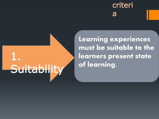 criteri
a
1.
Suitability
Learning experiences
must be suitable to the
learners present state
of learning.
 