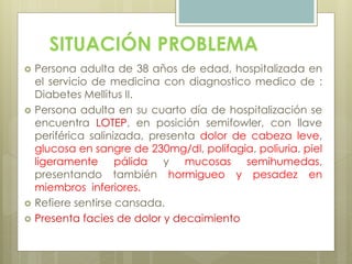 SITUACIÓN PROBLEMA
 Persona adulta de 38 años de edad, hospitalizada en
el servicio de medicina con diagnostico medico de :
Diabetes Mellitus II.
 Persona adulta en su cuarto día de hospitalización se
encuentra LOTEP, en posición semifowler, con llave
periférica salinizada, presenta dolor de cabeza leve,
glucosa en sangre de 230mg/dl, polifagia, poliuria, piel
ligeramente pálida y mucosas semihumedas,
presentando también hormigueo y pesadez en
miembros inferiores.
 Refiere sentirse cansada.
 Presenta facies de dolor y decaimiento
 