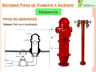 SISTEMAS FIXOS DE COMBATE À INCÊNDIO 
TIPOS DE HIDRANTES 
HIDRANTES 
Coluna: Fácil uso e localização. 
 