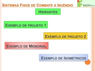 SISTEMAS FIXOS DE COMBATE À INCÊNDIO 
HIDRANTES 
EXEMPLO DE PROJETO 1 
EXEMPLO DE PROJETO 2 
EXEMPLO DE MEMORIAL 
EXEMPLO DE ISOMÉTRICOS 
 