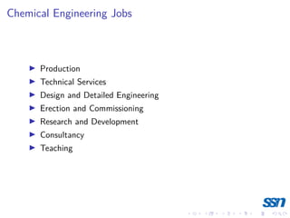Chemical Engineering Jobs
I Production
I Technical Services
I Design and Detailed Engineering
I Erection and Commissioning
I Research and Development
I Consultancy
I Teaching
 